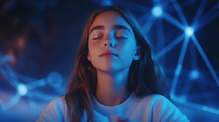 Naklejka premium Young Woman Meditating with Digital Neural Waves and Glow Effect