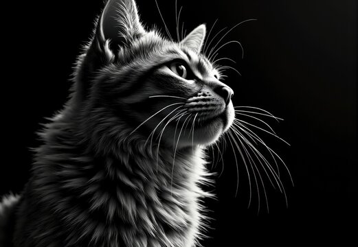 Monotone Profile of a Long-Haired Tabby Cat