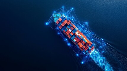 Aerial view of a cargo ship at sea, surrounded by a glowing blue network. Dark blue water, vibrant container colors