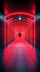 Futuristic corridor illuminated by vibrant red neon lights in a modern urban environment
