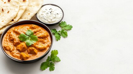 Aromatic Chicken Tikka Masala in a dark bowl, garnished with cilantro, served with naan bread and raita. White textured background