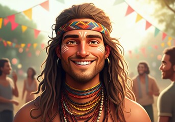 Smiling man with long hair and colorful accessories at a vibrant festival