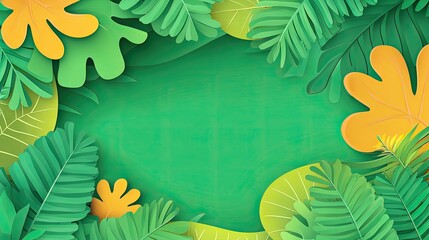 Tropical leaves frame, green background, summer design, nature template