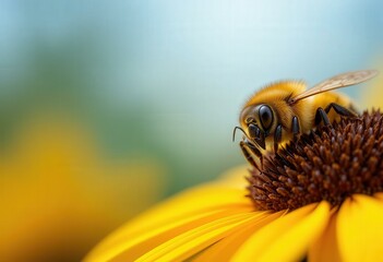 Close-Up Concept Honey Bee Collecting Pollen Bright Yellow Flower Soft Green Blue Background - Pollination Sustainability Ecology Environmental Science Education