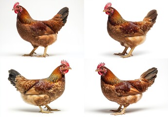 Four Brown Hens in Profile Poses Against White Background