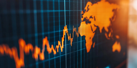 A vibrant graph displaying financial data overlaid on a world map, suggesting global market trends and economic analysis.