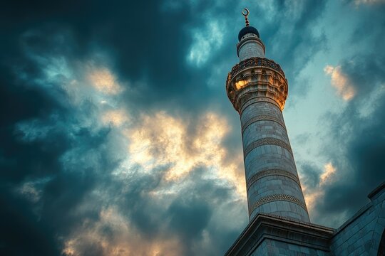 Majestic minaret reaching towards a dramatic, sunset-lit sky.