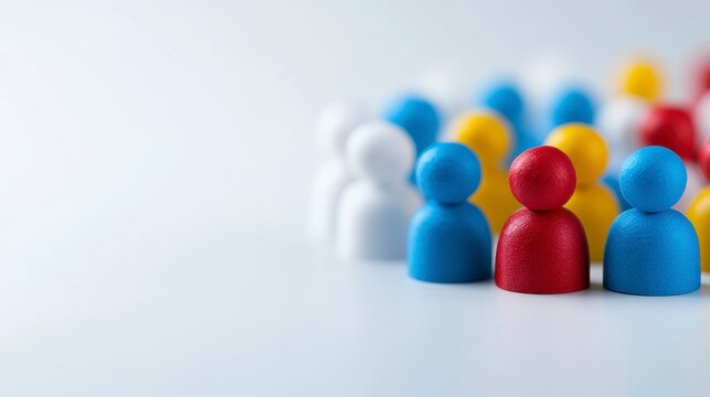 Colorful small figurines arranged in a circle on a white background. Red, blue, white, and yellow figures represent a diverse group