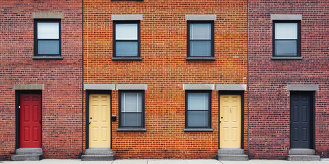 Obraz premium A vibrant image of a row of brick houses, featuring different colored doors, showcasing urban architecture and design.