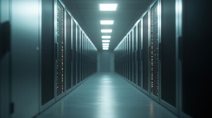 Futuristic Data Center Corridor with Illuminated Server Racks