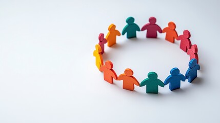 Colorful wooden figures forming a circle on a white background, symbolizing unity and community