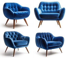 Collection of Four Luxurious Blue Velvet Armchairs and a Loveseat with Wooden Legs