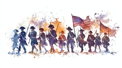 Watercolor painting of an American Revolutionary War scene, featuring soldiers marching with tattered flags, soft and expressive brushstrokes, isolated on white background