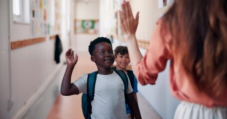 Happy, teacher and students with high five at school for morning motivation, education support and enter classroom. Learning academy, educator and greeting children at doorway for welcome or teaching