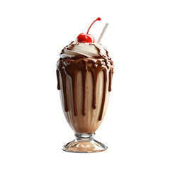 A Fluffy 3D Cartoon Chocolate Milkshake with a Glowing Cherry Isolated on Transparent Background