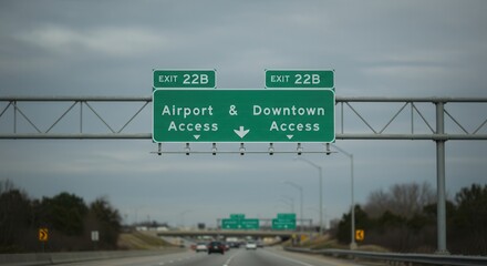 Highway Exit Sign for Airport and Downtown Access on Cloudy Day
