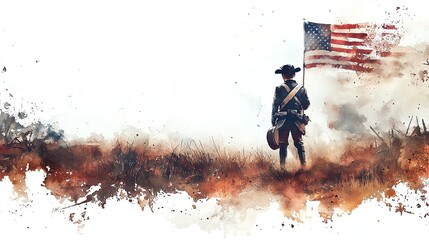 Soft watercolor painting of a lone colonial drummer boy, standing with a patriotic flag, misty battlefield background, strong emotional impact, isolated on white background
