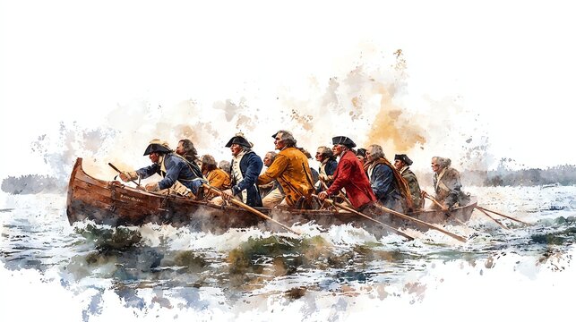 Historic watercolor scene of George Washington crossing the Delaware, loose painterly strokes, expressive lighting, isolated on white background