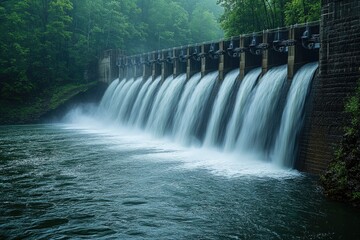 Water cascading over a dam into a river, surrounded by lush green forest.