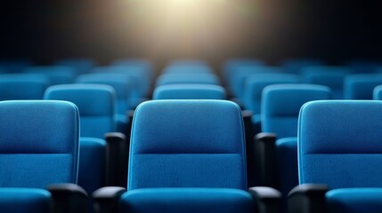 Fototapeta premium Rows of blue theater seats in a dark room, illuminated by a soft light from the screen. Empty seats suggest anticipation or quiet contemplation