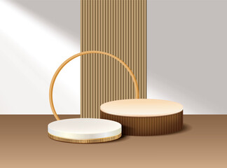 Podium and a beautiful archway stand in the background. Wood Podium for product display.