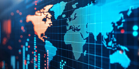 A digital representation of a world map with vibrant colors and data visualization elements, suggesting themes of technology and global connectivity.
