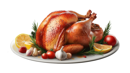 A beautifully roasted turkey on a white plate, garnished with fresh rosemary, ripe tomatoes, garlic cloves, and lemon wedges, cut out and isolated on a transparent background.