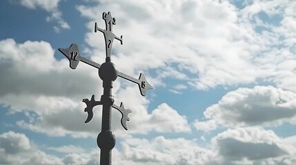 Obraz premium Antique weather vane points directions against a cloudy sky, perfect for travel or weather websites
