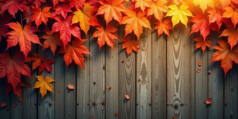 Autumnal Leaves Adorning Rustic Wooden Planks A Seasonal Backdrop for Design Projects
