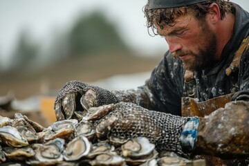 Naklejka premium A dedicated oyster farmer is carefully sorting through fresh oyster shells in a coastal area while wearing chainmail gloves for protection