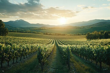 Fototapeta premium Vineyard rows stretch towards a sunlit mountain range, showcasing a picturesque rural landscape.
