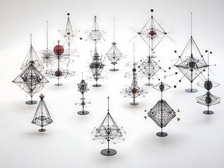 A white background with intricate geometric patterns composed of various triangles, squares, and circles arranged in a sophisticated, symmetrical style.