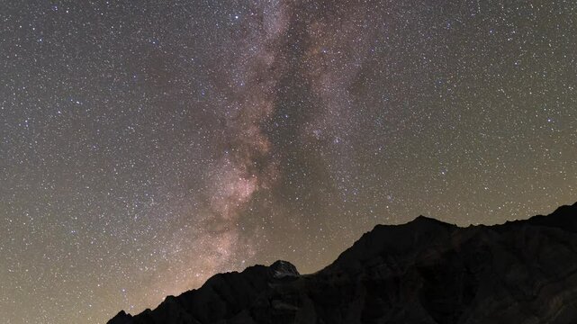 4K Timelapse of milky way above mountains in Keylong at Lahaul, India. A magnificent night sky and milkyway galaxy over Himalayas. Starry night time lapse.
