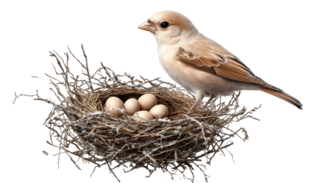 "A bird arranging its nest with small twigs and soft materials, isolated on transparent background, preparing to lay its eggs.