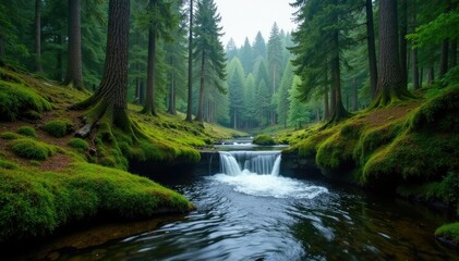 Fototapeta premium Riverbank moss with short waterfall amidst tall trees, overcast, forest