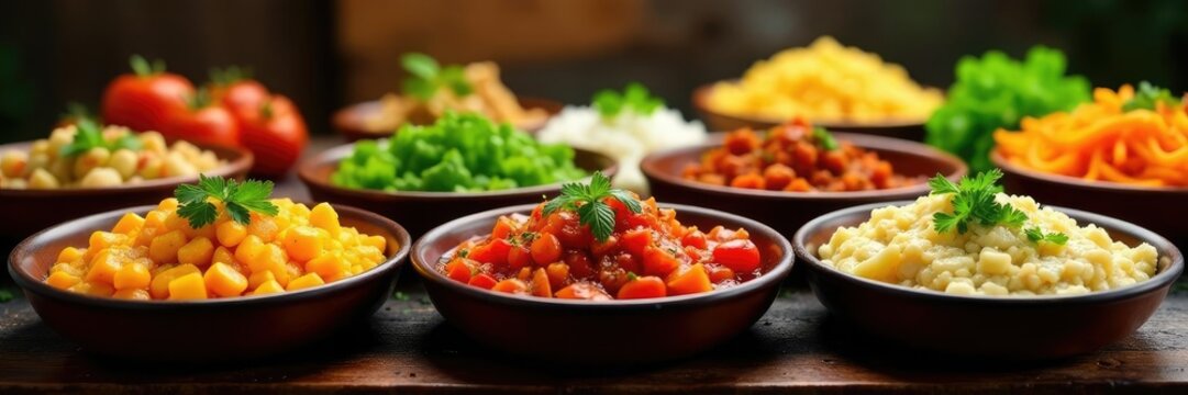 Mesa de buffet con diferentes tipos de comida, salsas, mesa,