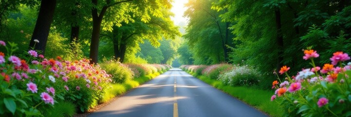 Obraz premium Roadway enveloped by lush foliage and blooming flowers, botanical photography, greenery