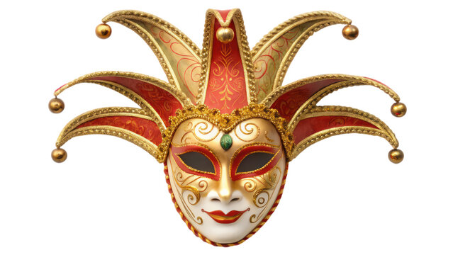 Festive jester mask with intricate gold detailing and vibrant red accents