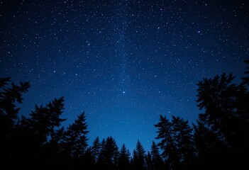 Starry Night Sky Concept Silhouetted Pine Trees Deep Blue Background - Nature Travel Blogs, Astrophotography, Outdoor Adventures