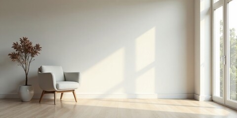 Serene Minimalist Room Interior Design with Sunlight Streaming Through a Window and a Modern Chair