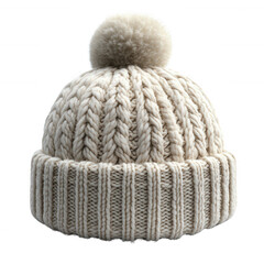 Pom-pom knitted winter hat in white isolated on white background.PNG