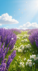 Fototapeta premium Vibrant Spring Meadow with Lavender and White Blossoms Under a Blue Sky 4K Wallpaper