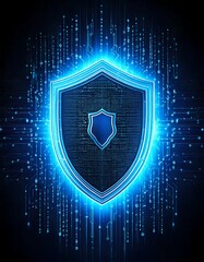 Fototapeta premium Cybersecurity concept: a glowing AI shield protecting digital data, with binary code in the background, dark tones, and space for text on the sides
