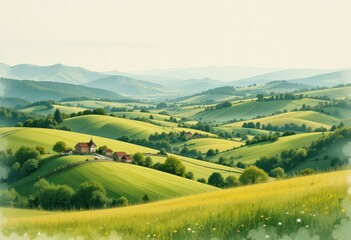 Fototapeta premium Tranquil Rolling Hills Landscape Concept Lush Green Fields Distant Mountains - Rural Travel Eco-Tourism Marketing
