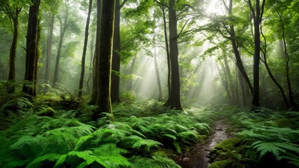 Obraz premium A forest filled with lots of green ferns and trees.
