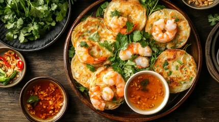 Vietnamese Bnh Xo  Crispy pancakes with shrimp and pork, served with fresh herbs and dipping sauce, top view shot with extra plates.