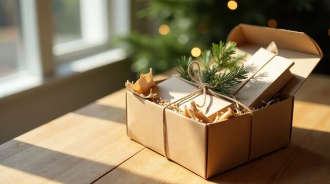 Sunlit Eco-Friendly Gift Box with Natural Packaging and Festive Greenery on Wooden Surface