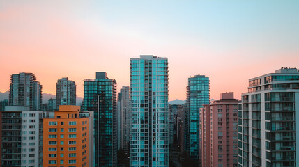 Obraz premium Modern high-rise buildings at sunset in urban environment aerial view cityscape