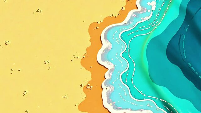 Sea background, sea wave on tropical sandy beach, top view, cartoon vector style, summer tourism and travel