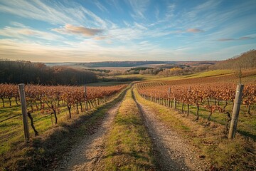 Fototapeta premium Autumn vineyard landscape with rows of grapevines and a dirt road leading to distant hills under a sunny sky.